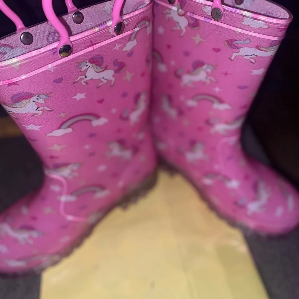 Unicorn rain boots, mini backpack and child cap